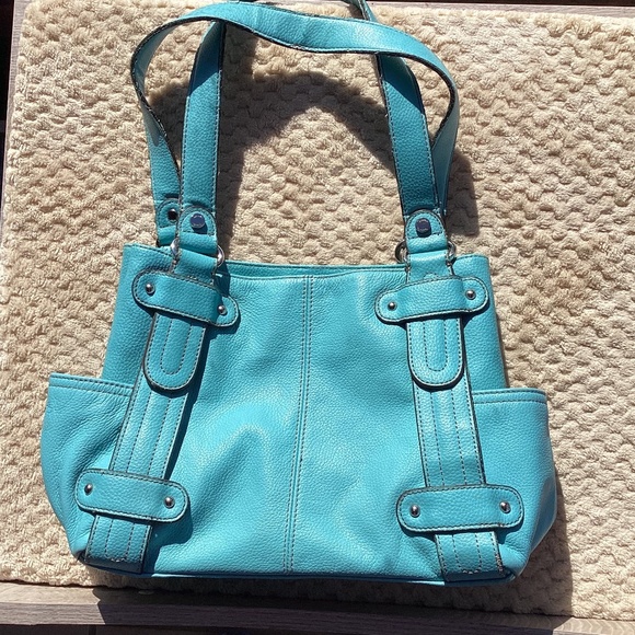 Tignanello Handbags - Tignanello Studded Shopper Teal Pebble Leather Shoulder Bag